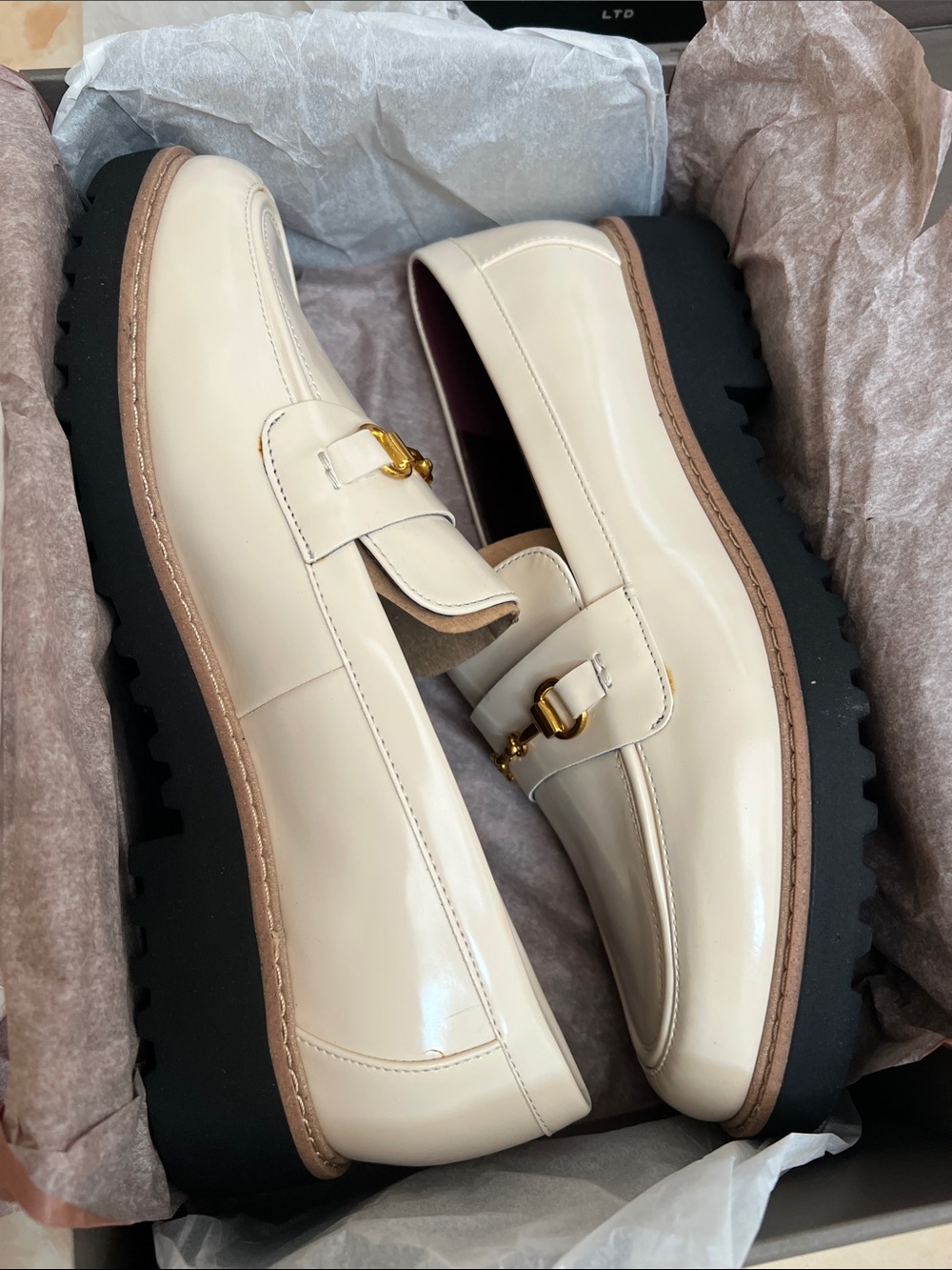 Franco Sarto Cream Leather Bit Loafers with Black Lug Sole